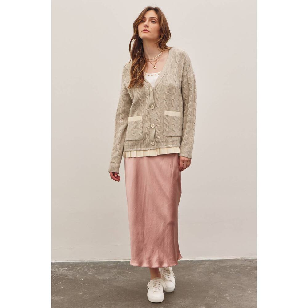 In February Oatmeal Size Medium Lovely Button-Down Cable Knit Sweater Cardigan